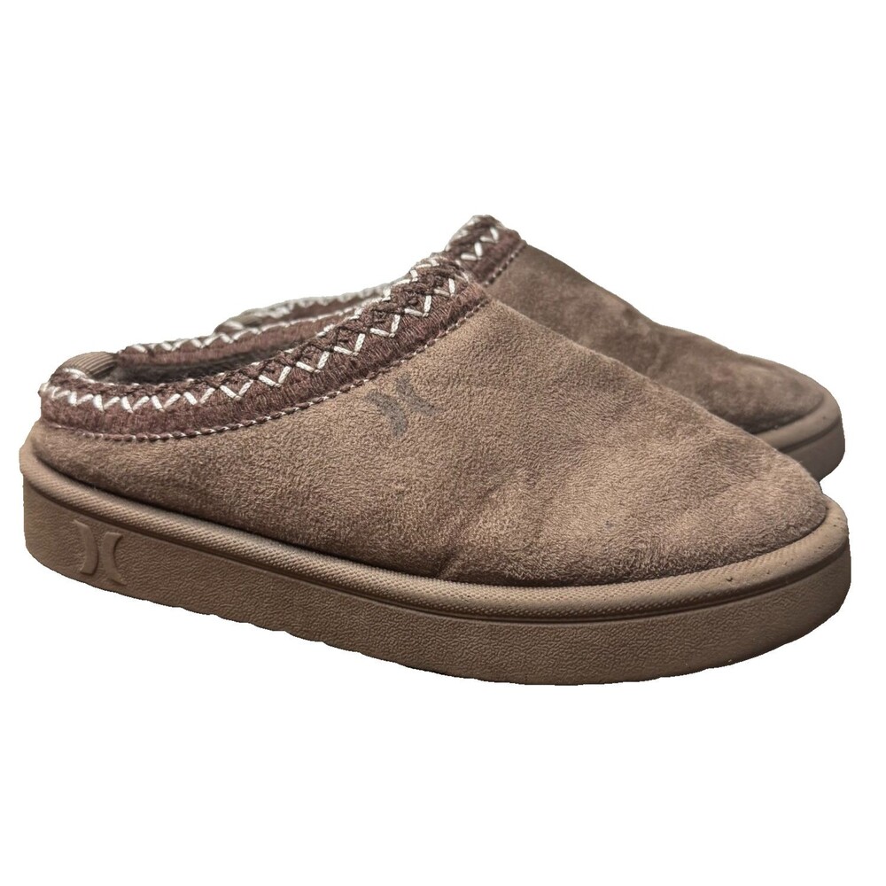 Hurley Kids Slip On Slippers Brown Suede Mule Cozy Casual Shoes Size 13